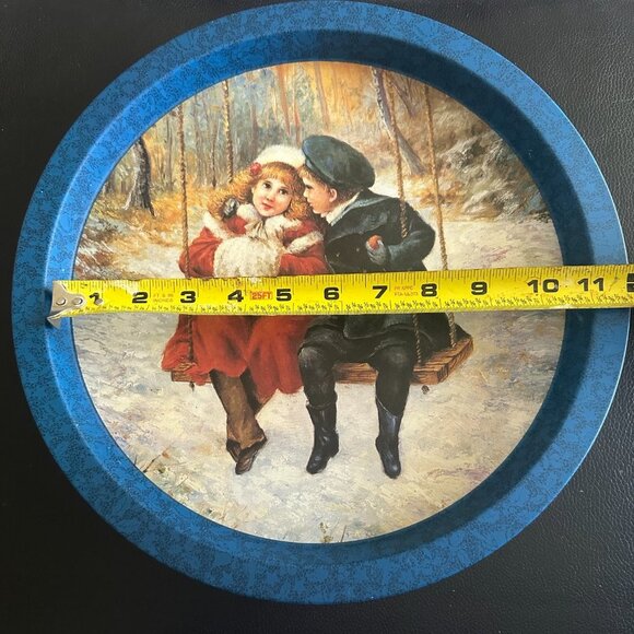 Victorian Boy Girl Winter Scene Swing Tin Serving Tray 12 Diameter - Picture 2 of 6